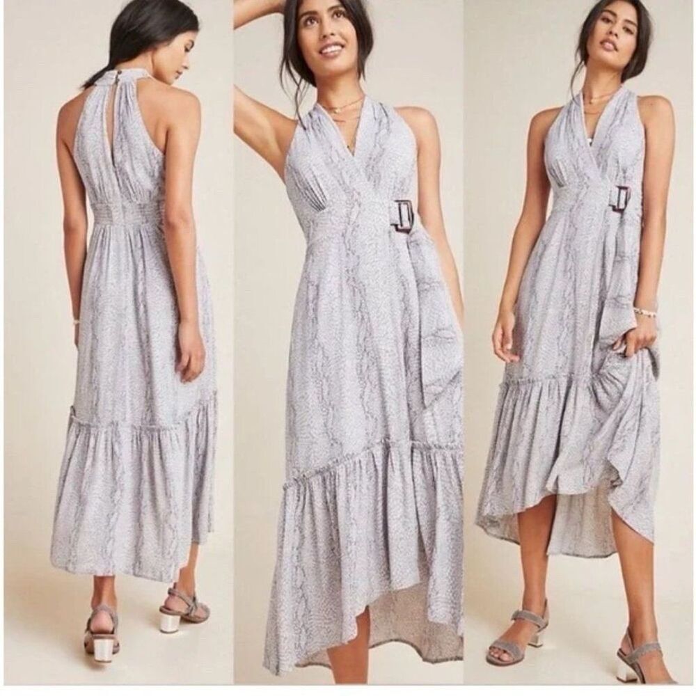 Anthropologie Marfa Grey Snake Print V Neck Belted Faux Wrap Maxi Dress 4